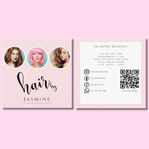 Friseur 3 Foto QR Socials Blush Rosa Quadratische Visitenkarte