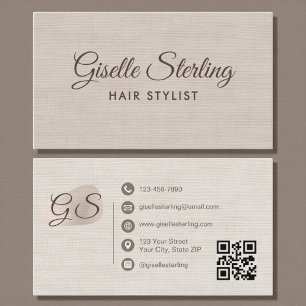Friseur Beige Leinen Modern Elegant QR-Code Visitenkarte