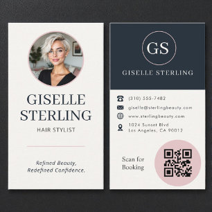 Friseur Blush & Navy Foto QR Code Visitenkarte