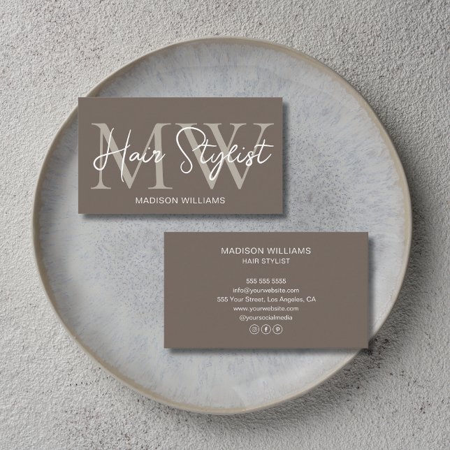 Friseur Custom Monogram Taupe Visitenkarte (Hair Stylist Custom Monogram Taupe Business Card)