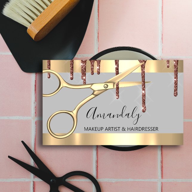 Friseur der Hair Stylist Goldene Schere Tropfen Visitenkarte (Hair Stylist Hairdresser Golden Scissors Drips Business Card)