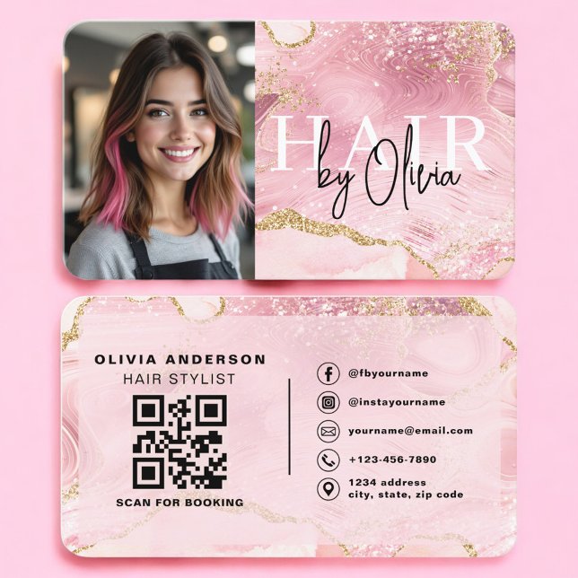 Friseur-Foto-QR-Code Pink Marmor Visitenkarte (Von Creator hochgeladen)