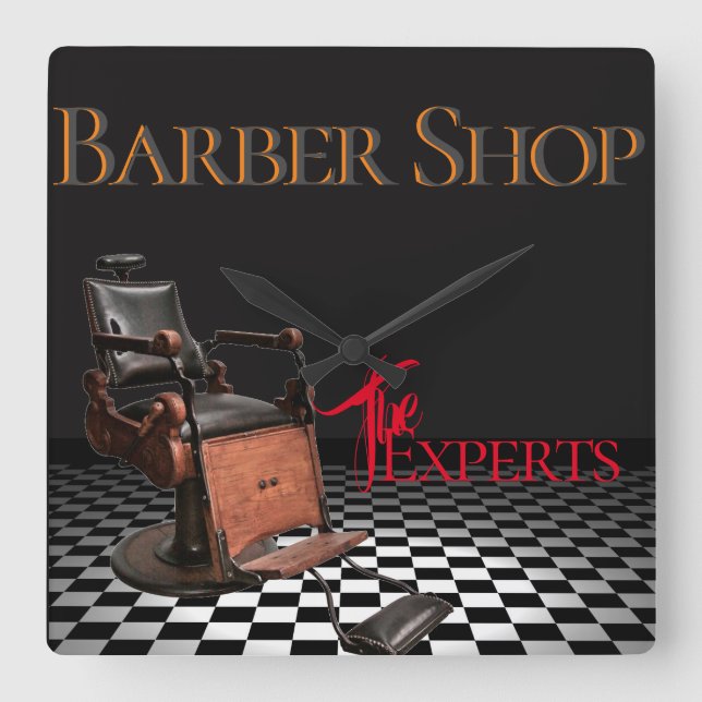 Friseur-Geschäfts-Vintages Schwarzes, weiß, Quadratische Wanduhr (Vorderseite)