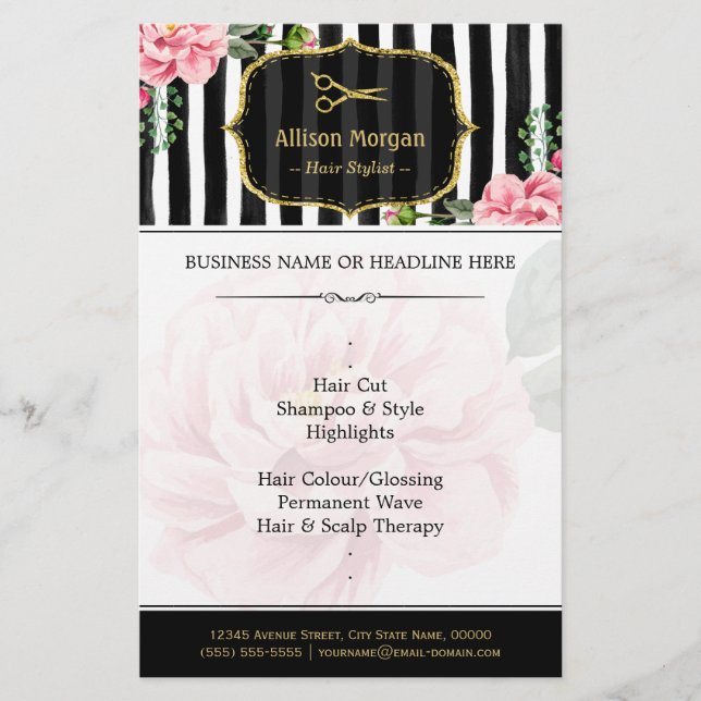 Friseur Gold Glitzer Schwarz-weißes Blumenkohl Flyer (Vorne)