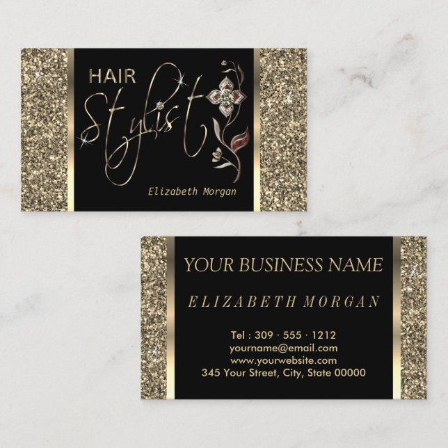 Friseur - Gold Glitzer und Blumen Visitenkarte (Vorne/Hinten)