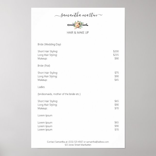 Friseur Haarnadel Blumen Preislisten Poster (Vorne)