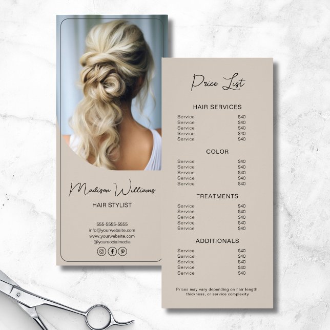 Friseur-Liste Moderne Beige Preise Werbekarte (Hair Stylist Modern Beige Price List Rack Card)