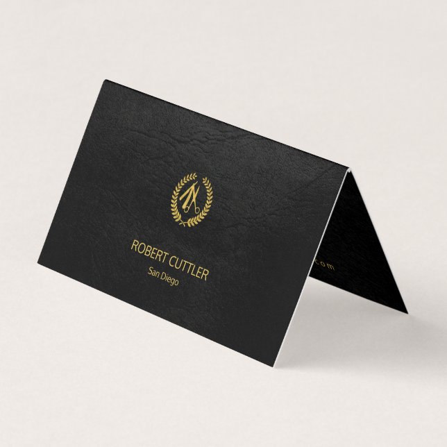 Friseur Luxus elegantes schwarzes Leder-Look Visitenkarten (Vorderseite)