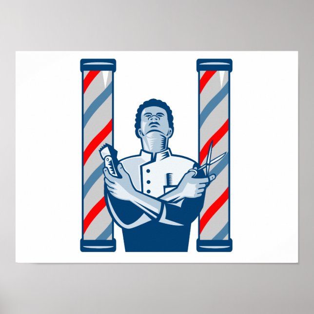 Friseur mit Pole-Haarklappen und Scheren-Retro Poster (Vorne)