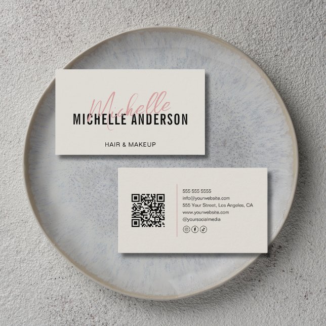 Friseur Modern Neutral Beige QR-Code Visitenkarte (Hair Stylist Modern Neutral Beige QR Code Business Card)