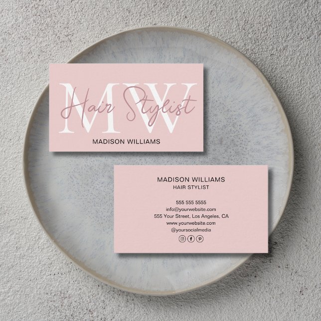 Friseur Monogramm Rosé Visitenkarte (Hair Stylist Monogram Blush Pink Business Card)