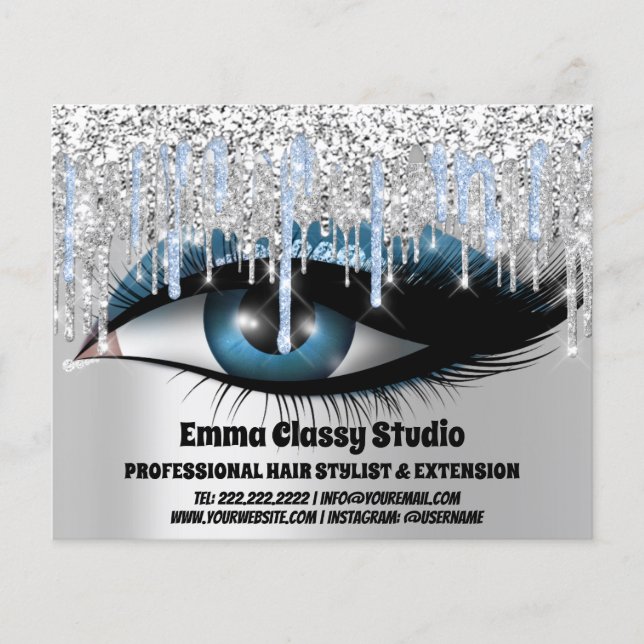 Friseur Nail Lashes Silberblauer Glitzer Tropfen Flyer (Vorne)