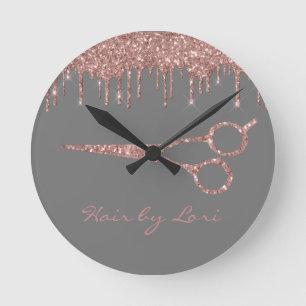 Friseur Rose Gold Tropfen Glitter Schere Runde Wanduhr