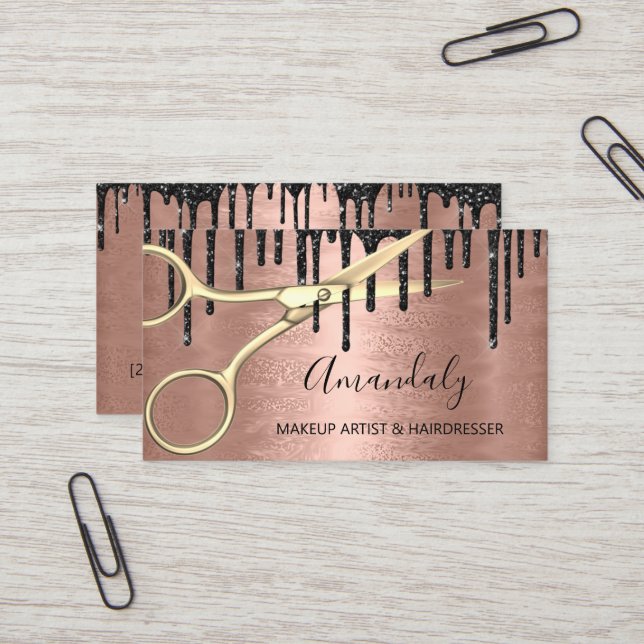 Friseur Rose Goldschere Tropfen Visitenkarte (Vorderseite/Rückseite Beispiel)