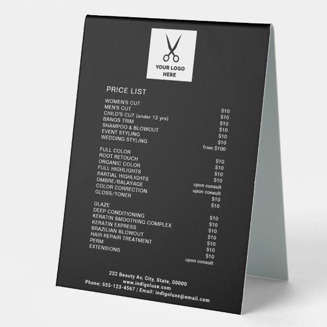 Friseur-Salon Fügen Sie Ihre Logos schwarze Preisl Tischaufsteller (Vorderseite)