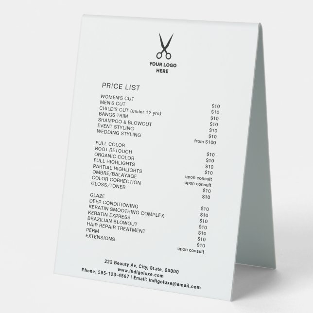 Friseur-Salon Menü "Add Your Logo Service"-Menü Pr Tischaufsteller (Vorderseite)