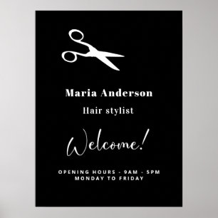 Friseur Schwarz Weiß Öffnungszeiten Willkommen Poster