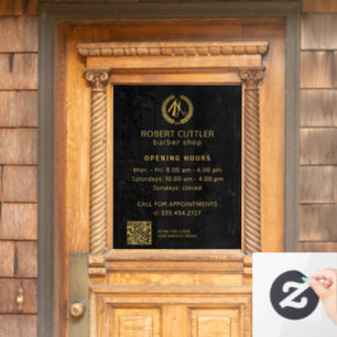 Friseur-Shop Öffnungszeiten Gold schwarzes Logo QR Fensteraufkleber