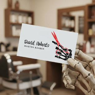 Friseur-Stylist Barber Skeleton Hand & Rote Schere Visitenkarte