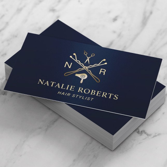 Friseur-Stylist-Beauty-Logo Navy Blue & Gold Salon Visitenkarte (Von Creator hochgeladen)
