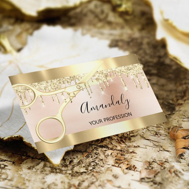 Friseur Stylist Coiffeur Gold Scheren Rose Visitenkarte (Hairdresser Stylist Coiffeur Gold Scissors Rose Business Card)