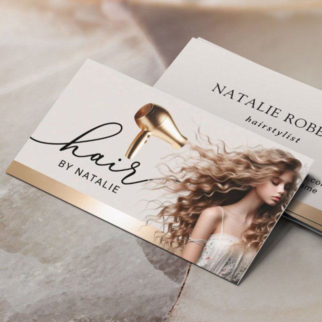Friseur Stylist Gold Haartrockner Beauty Girl Salo Visitenkarte (Von Creator hochgeladen)