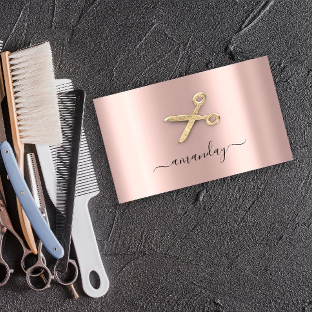 Friseur Stylist Goldene Schere Rose Pinselstrich Visitenkarte (Hairdresser Stylist Golden Scissors Rose Blush Business Card)