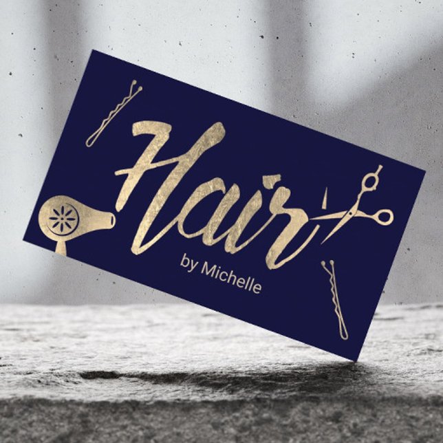 Friseur-Stylist Navy & Gold Typografie Schönheitss Visitenkarte (Von Creator hochgeladen)