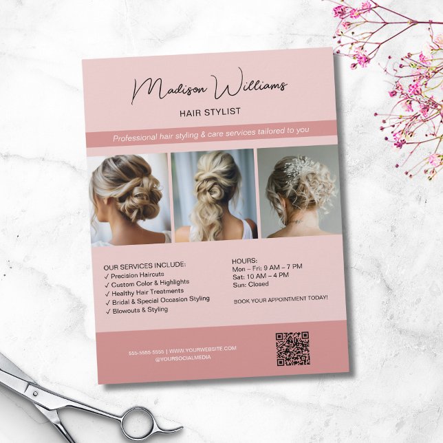 Friseur Stylist Salon 3 Fotos QR Rosa Flyer (Hair Stylist Salon 3 Photos QR Pink Flyer)