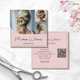 Friseur Stylist Salon 3 Fotos QR Rosa Quadratische Visitenkarte