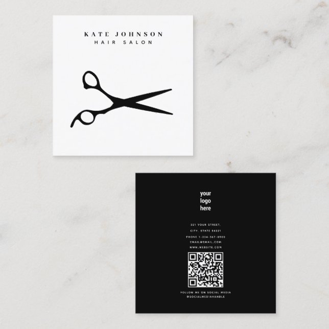 Friseur-Stylist-Schere Barber QR-Code-Firmenlogo Quadratische Visitenkarte (Vorne/Hinten)