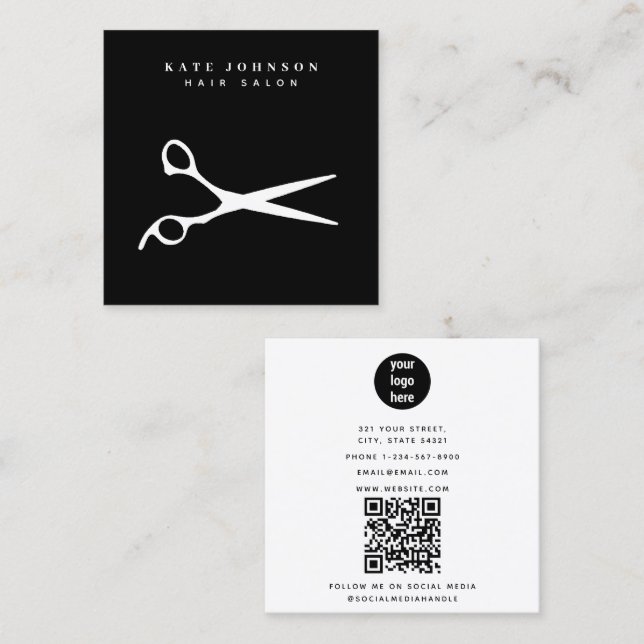 Friseur-Stylist-Schere Barber QR-Code-Firmenlogo Quadratische Visitenkarte (Vorne/Hinten)