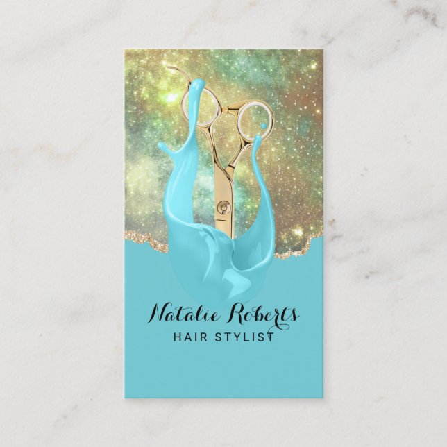 Friseur Stylist Trendy Aquamarin Gold Glitzer Beau Visitenkarte (Vorderseite)