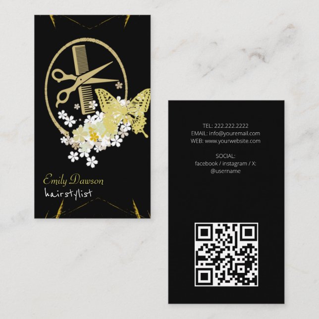 Friseur Süße Schere & Schmetterlinge QR-Code Bu Visitenkarte (Vorne/Hinten)