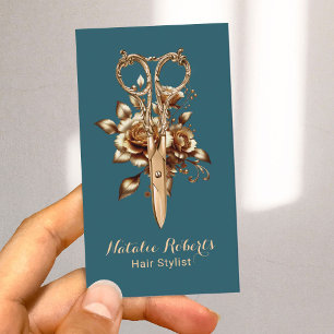 Friseur Teal & Gold Schere Blumen Salon SPA Visitenkarte