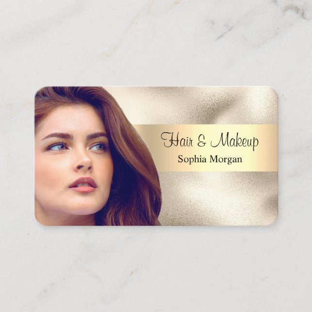 Friseur- und Makeup-Salon, Ihr Foto, Gold, Vs 2 Visitenkarte (Vorderseite)