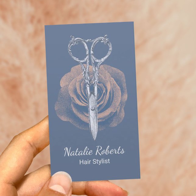 Friseur Vintage Schere & Blume Blauer Salon Visitenkarte (Von Creator hochgeladen)
