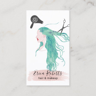 Friseur Wasserfarbe Schönheits Mädchen Türkis Haar Visitenkarte