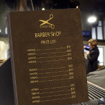 Friseursalon, braunes Lederaussehen - Menü Fotoplatte<br><div class="desc">Luxuriöse,  exklusive,  preisgekrönte Vorlagenplakette für einen Friseursalon mit Imitaten Goldschrift auf dunkelbraunem Lederhintergrund. Bitte beachten Sie,  dass die Ledertextur PRINTED ist.</div>