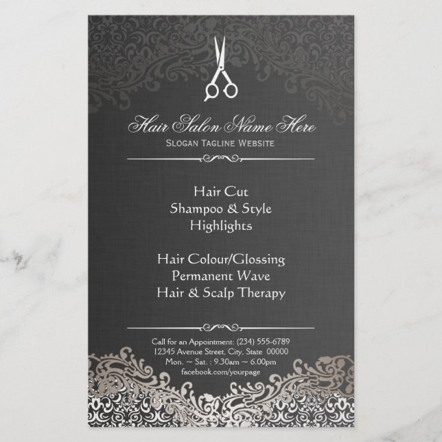 Friseursalon Elegant Dunkelsilber Damaskus Flyer (Vorne)