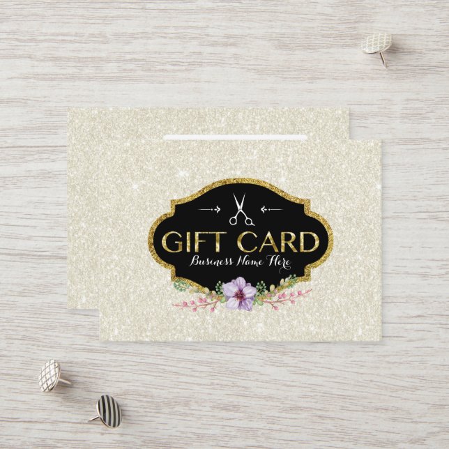 Friseursalon Floral Elfenbein Glitzer Geschenkguts Rabattkarte (Vorderseite/Rückseite Beispiel)