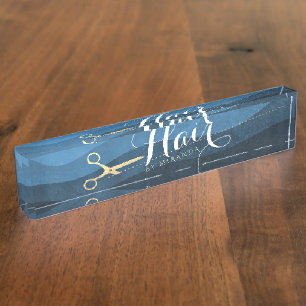 Friseursalon Friseursalon Moderne Blue & Gold Sche Namensplakette