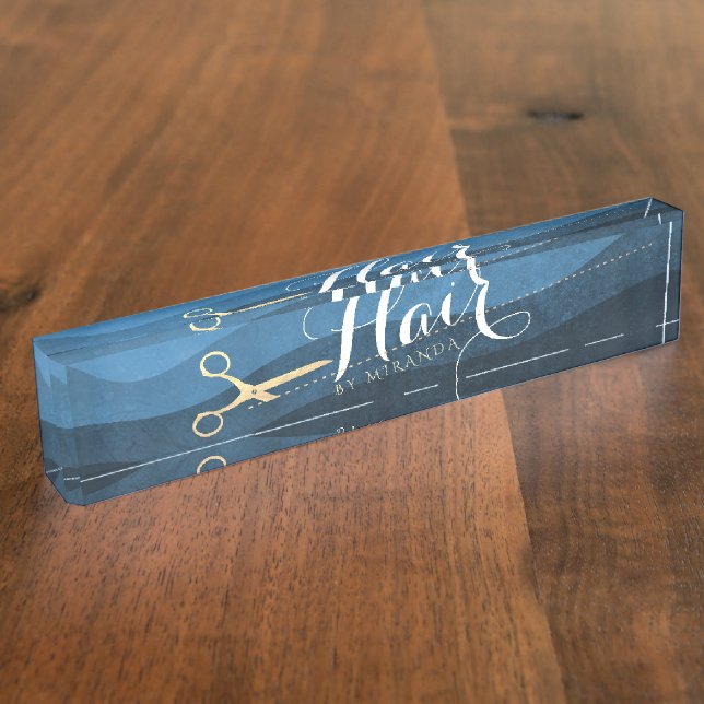 Friseursalon Friseursalon Moderne Blue & Gold Sche Namensplakette (Seite)