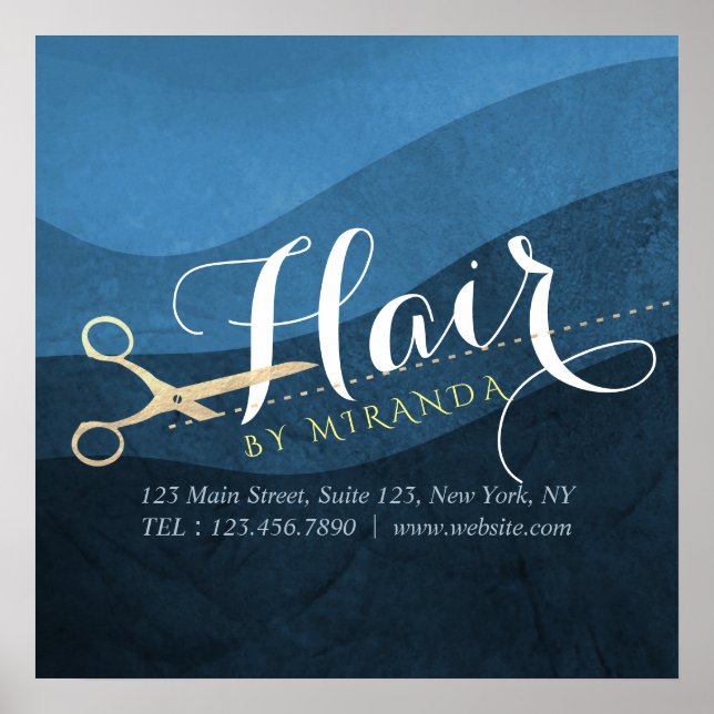 Friseursalon Friseursalon Moderne Blue & Gold Sche Poster (Vorne)