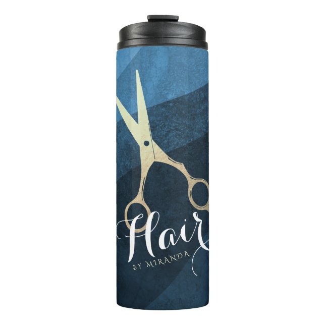 Friseursalon Friseursalon Moderne Blue & Gold Sche Thermosbecher (Vorderseite)