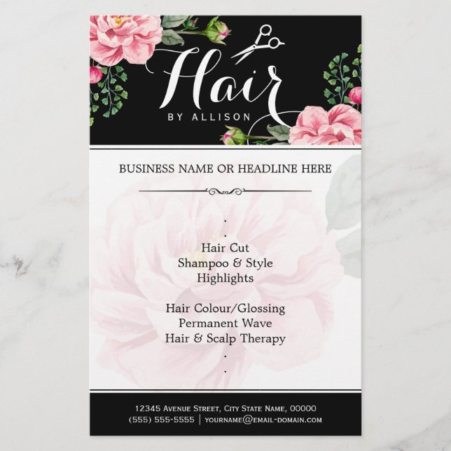 Friseursalon Haarkutte Schwarz-weißes Blumenmoor Flyer (Vorne)