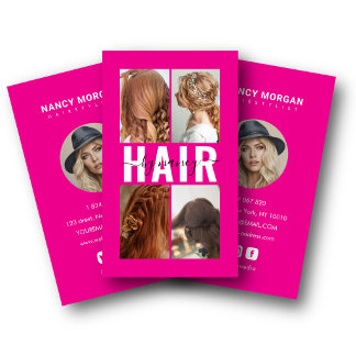 Friseursalon-Kalligrafie-Fotocollage Hot Pink Visitenkarte