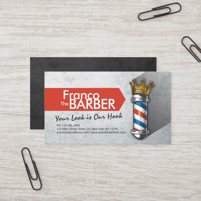 Friseursalon King Crown Barber Pole Visitenkarte (Vorderseite/Rückseite Beispiel)