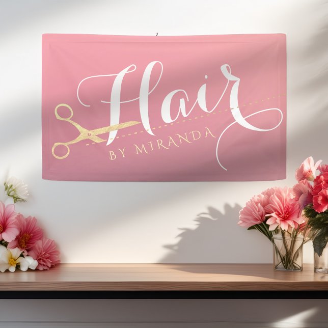 Friseursalon Makeup Salon Moderne rosa Goldschere Banner (Von Creator hochgeladen)