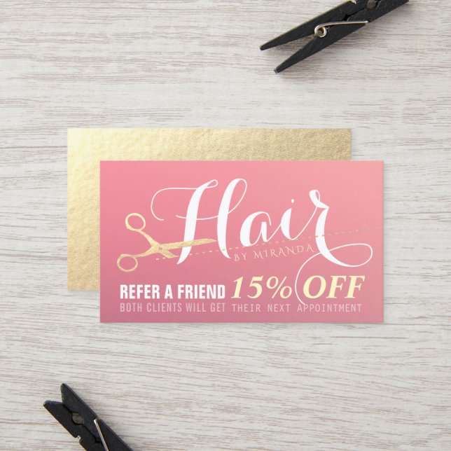 Friseursalon Makeup Salon Moderne rosa Goldschere Empfehlungskarte (Vorderseite/Rückseite Beispiel)